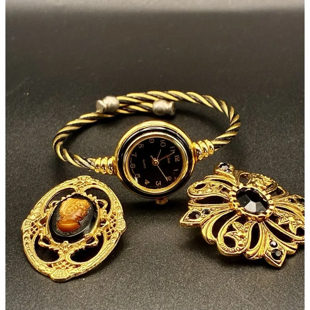 Cameo Pin Set Black And Gold Collezieo Watch, Filagree Cabochon Pendant